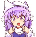  1girl :d bangs blue_vest blush clenched_hands commentary_request eyebrows_visible_through_hair eyelashes hair_between_eyes hands_up letty_whiterock looking_at_viewer open_mouth portrait purple_eyes purple_hair shirt short_hair simple_background smile solo touhou vest white_background white_headwear white_shirt wool_(miwol) 