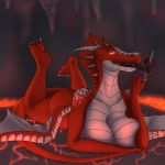  1:1 anthro big_breasts breasts butt cave claws dragon female hi_res lava lying nail on_chest on_front open_mouth quake saliva smile solo suggestive testowepiwko tongue tongue_out unusual_pupils wings 