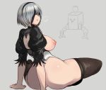  1girl :o =3 ^p^ areolae arms_behind_back ass back_cutout backless_outfit bangs black_hairband blindfold bob_cut breasts brown_legwear covered_eyes drone from_behind ginji74 grey_background hairband large_breasts leotard nier_(series) nier_automata nipples open_mouth pod_(nier_automata) puffy_sleeves short_hair silver_hair sitting sleeves_past_elbows thighhighs thighs turtleneck white_leotard yorha_no._2_type_b 