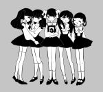  5girls absurdres bangs black_footwear black_hair bow check_copyright eyes_closed full_body grey_background greyscale highres inata17ta long_hair long_sleeves looking_at_viewer monochrome multiple_girls open_mouth original picture_(object) shirt shoes simple_background smile socks standing thighhighs twintails white_bow white_legwear white_neckwear white_shirt yuri 