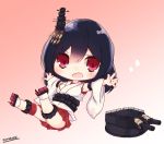  1girl artist_name black_hair cannon chibi detached_sleeves floral_print gradient gradient_background hair_ornament highres kantai_collection looking_at_viewer momiji_(103) open_mouth outstretched_arms red_background red_eyes remodel_(kantai_collection) short_hair solo turret wide_sleeves yamashiro_(kantai_collection) 
