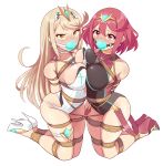  2girls absurdres angry bagelbomb ball_gag bangs bdsm blonde_hair blush bondage bound breasts crotch_rope gag highres hikari_(xenoblade_2) homura_(xenoblade_2) multiple_girls nintendo shibari xenoblade_(series) xenoblade_2 