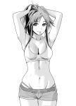  1girl armpits arms_up bangs boyshorts breasts cleavage collarbone commentary_request covered_mouth cowboy_shot eyebrows_visible_through_hair greyscale hair_tie highres himekawa_yuki idolmaster idolmaster_cinderella_girls kashiwagi_tatsuya long_hair looking_at_viewer medium_breasts monochrome navel parted_bangs ponytail sidelocks simple_background smile solo sports_bra stomach thigh_gap thong tying_hair white_background 