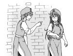  1boy 1girl breasts china_dress chinese_clothes collar collared_shirt commentary commentary_request dress eyebrows_visible_through_hair full_body genderswap genderswap_(ftm) hair_between_eyes hat hong_meiling koyubi_(littlefinger1988) large_breasts muscle open_mouth pointing pointing_finger scar shirt short_hair sleeves_rolled_up star surprised sweat sweatdrop tangzhuang tongue touhou translation_request upper_body wall waving waving_arm white_background white_shirt 
