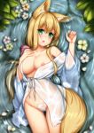  animal_ears breast_hold breasts japanese_clothes kitsune maebari nipples no_bra nopan open_shirt playjoe2005 see_through tail wet wet_clothes 