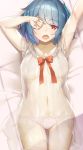  1girl arms_up bangs bed_sheet blue_hair bow breasts collarbone commentary_request cowboy_shot dress eyebrows_visible_through_hair from_above highres large_breasts looking_at_viewer lying navel on_back open_mouth panties piyodesu red_bow red_eyes see-through short_hair solo stomach tatara_kogasa tears thighs touhou underwear white_panties 