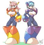  2girls android bangs blue_eyes blue_hair blunt_bangs breasts capcom dated framed_breasts full_body headgear headset long_hair microphone multiple_girls navigator_(irregular_hunter_x) open_mouth pink_hair robot_ears rockman rockman_x short_hair signature smile standing tobitori 