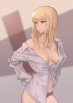  1girl bangs blonde_hair breasts cleavage collarbone collared_shirt cowboy_shot dress_shirt emoto_reishi eyebrows_visible_through_hair grey_shirt hair_over_shoulder highres long_hair looking_to_the_side medium_breasts midriff navel no_bra open_clothes open_mouth open_shirt original panties red_eyes red_panties shiny shiny_hair shirt sleeves_past_fingers sleeves_past_wrists solo standing stomach unbuttoned unbuttoned_shirt underwear 