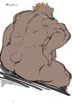  absurd_res anthro back_muscles barghest_(tas) biped brown_ears brown_fur brown_tail butt digital_media_(artwork) ear_piercing fur hi_res male mammal musclegut muscular muscular_male nude piercing rear_view scar short_tail simple_background sitting slightly_chubby solo tokyo_afterschool_summoners ursid video_games white_background yu_chi_i 