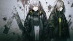  2girls bullet_hole english_text girls_frontline grey_hair gun h&amp;k_ump highres hood hooded_jacket jacket multiple_girls necktie no_scar official_art radio siblings side-by-side sisters submachine_gun ump45_(girls_frontline) ump9_(girls_frontline) wall weapon yellow_eyes younger 