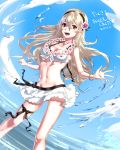  1girl 2018 :d absurdres bikini bikini_skirt black_bow black_ribbon blonde_hair blue_sky bow bracelet brown_eyes cloud collarbone danno_gs dated day fire_emblem fire_emblem_if floating_hair flower groin hair_between_eyes hair_bow hair_flower hair_ornament highres jewelry layered_skirt long_hair looking_at_viewer miniskirt my_unit_(fire_emblem_if) navel nintendo open_mouth outdoors outstretched_hand pointy_ears ribbon shiny shiny_hair skirt sky smile solo standing swimsuit thigh_ribbon very_long_hair white_bikini white_flower white_skirt 