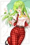  1girl ;d aka_tawashi ascot bangs belt black_belt black_footwear blush breasts commentary_request cowboy_shot drop_shadow eyebrows_visible_through_hair flower green_eyes green_hair green_umbrella hair_between_eyes highres holding holding_umbrella juliet_sleeves kazami_yuuka kazami_yuuka_(pc-98) large_breasts long_hair long_sleeves looking_at_viewer one_eye_closed open_mouth pants plaid plaid_pants plaid_vest puffy_sleeves red_pants red_vest shoes smile solo thighs touhou touhou_(pc-98) umbrella vest white_background yellow_neckwear 