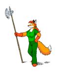  2019 3_toes 4_fingers anthro barefoot canid canine clothing dipstick_tail doc_nickel female fox gloves_(marking) green_eyes hair halberd hand_on_hip holding_object holding_weapon inner_ear_fluff mammal markings melee_weapon multicolored_tail pants polearm ponytail red_hair sandy_(the_whiteboard) shirt simple_background solo standing the_whiteboard toes topwear weapon webcomic white_background 