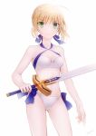  1girl ahoge artist_name artoria_pendragon_(all) bare_arms bare_shoulders bikini blonde_hair braid breasts collarbone commentary_request excalibur eyebrows_visible_through_hair fate/grand_order fate/stay_night fate_(series) green_eyes hair_ribbon holding holding_sword holding_weapon looking_at_viewer medium_breasts noru_(lila2) ribbon saber short_hair simple_background smile solo swimsuit sword weapon white_background white_bikini_bottom white_bikini_top 