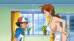  1boy 1girl apron ass blush breasts creatures_(company) game_freak hanako_(pokemon) milf mother_and_son naked_apron nintendo pokemon satoshi_(pokemon) screencap sideboob 