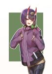  1girl :d backpack bag bangs black_legwear blunt_bangs brown_shorts contrapposto cowboy_shot emoto_reishi eyebrows_visible_through_hair fangs fate/grand_order fate_(series) green_background hair_ornament highres horns long_sleeves open_mouth pantyhose print_legwear purple_coat purple_eyes purple_hair short_hair short_shorts shorts shuten_douji_(fate/grand_order) smile solo standing white_background 