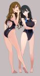  2girls arm_under_breasts ass back back_cutout bangs barefoot black_hair black_swimsuit blue_eyes blush breasts brown_hair collarbone competition_swimsuit contrapposto eyeshadow gluteal_fold hand_up head_tilt highres large_breasts lips long_hair looking_at_viewer looking_back makeup mikoto_akemi multiple_girls nail_polish one-piece_swimsuit open_mouth original parted_lips pink_nails red_eyes shiny shiny_clothes simple_background standing swimsuit tiptoes whispering 