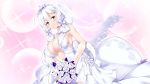 1girl absurdres ahoge azur_lane bare_shoulders blue_eyes blush bouquet breasts bridal_veil cleavage closed_mouth commentary_request dress elbow_gloves flower gloves hair_ribbon highres holding holding_bouquet illustrious_(azur_lane) illustrious_(morning_star_of_love_and_hope)_(azur_lane) large_breasts long_hair looking_at_viewer mamizu mole mole_under_eye ribbon rose sidelocks smile solo sparkle tiara tress_ribbon veil wedding_dress white_dress white_flower white_gloves white_hair white_rose 
