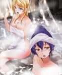  2girls arm_up ayase_eli bangs bath bathing blonde_hair blue_eyes blue_hair blush breasts cleavage collarbone commentary_request covering eyebrows_visible_through_hair hair_between_eyes hair_bun highres long_hair love_live! love_live!_school_idol_project multiple_girls naked_towel nude onsen open_mouth partially_submerged rock sonoda_umi steam towel towel_on_head urutsu_sahari water white_towel yellow_eyes 