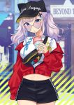  1girl :o animal_ears baseball_cap black_headwear black_shorts blue_eyes blurry body_bag breasts character_name commentary_request cowboy_shot crop_top cup d-pad d-pad_hair_ornament depth_of_field disposable_cup drinking_straw fake_animal_ears hair_ornament hairclip haruyuki_14 hat heart heart-shaped_eyewear highres holding holding_cup jacket kaguya_luna long_hair long_sleeves looking_at_viewer looking_over_eyewear medium_breasts midriff nail_polish navel off_shoulder open_clothes open_jacket outdoors parted_lips red_jacket shirt short_shorts shorts sidelocks silver_hair solo standing sunglasses the_moon_studio twintails virtual_youtuber white_shirt yellow-framed_eyewear yellow_nails zipper 