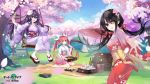  3girls :d black_hair blush bow clock_eyes copyright_name date_a_live day floating_hair floral_print flower fox_mask full_body gradient_kimono hair_bow hair_flower hair_ornament hair_ribbon hanami heterochromia highres itsuka_kotori japanese_clothes kimono long_hair looking_at_viewer mask mask_on_head multiple_girls obi open_mouth outdoors outstretched_arm outstretched_arms pink_bow pink_flower print_kimono purple_eyes purple_hair purple_kimono red_bow red_eyes red_hair red_kimono red_ribbon ribbon sash shiny shiny_hair short_kimono sitting smile socks standing symbol-shaped_pupils tabi tokisaki_kurumi very_long_hair wariza white_bow white_flower white_kimono white_legwear yatogami_tooka yellow_bow yellow_eyes yukata 