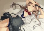  1girl arms_up bed blue_bra blue_panties bow bowtie bra braid brown_eyes cloud_hair_ornament commentary_request cowboy_shot kantai_collection light_brown_hair long_hair looking_at_viewer lying makio_(makiomeigenbot) minegumo_(kantai_collection) open_clothes panties plaid_neckwear pleated_skirt red_neckwear shirt skirt solo suspender_skirt suspenders thigh_gap twin_braids underwear white_shirt 