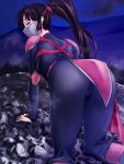  1girl all_fours armor artist_request ass bodysuit breasts brown_eyes from_behind hair_ribbon inuyasha long_hair looking_at_viewer looking_back mask night ponytail purple_hair ribbon sango shiny shiny_hair sideboob skin_tight small_breasts solo 