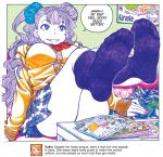  1girl blue_eyes breasts feet galko highres official_art oshiete!_galko-chan scrunchie skirt smell socks solo suzuki_ken&#039;ya 