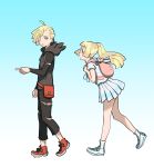  1boy 1girl absurdres backpack bag black_pants blonde_hair blue_background bomhat brother_and_sister creatures_(company) from_side game_freak gladio_(pokemon) gradient gradient_background green_eyes highres lillie_(pokemon) long_hair long_sleeves nintendo pants parted_lips pointing pointing_forward pokemon pokemon_(game) pokemon_sm ponytail shirt shoes short_hair short_sleeves siblings simple_background skirt torn_clothes torn_pants white_shirt white_skirt 