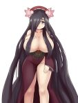  1girl absurdly_long_hair bare_shoulders black_eyes black_hair blush breasts cleavage collarbone commentary hair_censor hair_ornament hair_over_breasts hair_over_one_eye hand_on_own_chest highres huge_breasts japanese_clothes kejourou_(monster_girl_encyclopedia) kimono long_hair looking_at_viewer monster_girl_encyclopedia nav parted_lips simple_background smile solo topless very_long_hair white_background 
