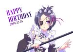  1girl birthday blush breasts chrome_dokuro cleavage commentary_request dress eyepatch happy_birthday katekyo_hitman_reborn! looking_at_viewer purple_eyes purple_hair short_hair simple_background solo weapon white_background 
