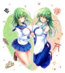  2girls :d asymmetrical_docking bare_shoulders blue_skirt breast_press breasts brown_footwear commentary_request detached_sleeves dual_persona frog_hair_ornament full_body green_hair hair_ornament hair_tubes hairclip hand_holding highres interlocked_fingers kochiya_sanae large_breasts long_hair long_skirt long_sleeves miniskirt multiple_girls open_mouth osashin_(osada) pleated_skirt school_uniform serafuku shoes skirt smile snake_hair_ornament touhou yellow_eyes 