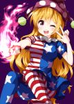  1girl ;d american_flag_dress american_flag_legwear bangs blonde_hair blue_dress blue_legwear blush breasts clownpiece commentary_request dress eyebrows_visible_through_hair feet_out_of_frame hand_up hat highres holding holding_torch invisible_chair jester_cap long_hair looking_at_viewer medium_breasts neck_ruff no_shoes one_eye_closed open_mouth pantyhose polka_dot polka_dot_hat purple_background purple_eyes red_dress red_legwear ruu_(tksymkw) short_dress short_sleeves simple_background sitting smile solo star star_print striped striped_dress striped_legwear torch touhou very_long_hair w white_dress white_legwear 
