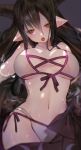  1girl antenna_hair bare_shoulders bikini black_hair blush breasts cleavage collarbone commentary_request cowboy_shot danua draph from_above front-tie_top granblue_fantasy groin hair_between_eyes horn_ornament horns large_breasts long_hair navel nido_celisius open_mouth partially_submerged pointy_ears purple_hair red_eyes solo stomach swimsuit very_long_hair water wet white_bikini 