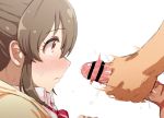  1boy 1girl bangs bar_censor brown_hair censored closed_mouth clothed_female_nude_male collared_shirt erection eyebrows_visible_through_hair from_side hair_between_eyes highres hori_yuuko idolmaster idolmaster_cinderella_girls male_masturbation masturbation nude penis penis_awe pink_neckwear profile red_eyes shirt sidelocks simple_background sweat upper_body wasabi_(nmrw4477) white_background 