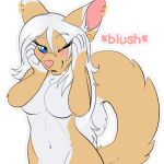  1:1 5_fingers anthro blue_eyes blush breasts canid canine dipstick_tail english_text female fennec fox fur hair heterochromia kwik looking_at_viewer mammal mink multicolored_tail mustelid musteline paws piercing pink_nose rose_dandy-ba shy smile source_request tan_fur telegram telegram_stickers text white_fur white_hair yellow_eyes 