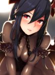  1girl :p absurdres all_fours backlighting black_bodysuit black_hair blurry blush bodysuit breasts brown_dust chains cleavage collar depth_of_field fur_trim hair_between_eyes head_tilt highres horns large_breasts levia long_hair looking_at_viewer parted_lips red_eyes smile solo spiz tongue tongue_out very_long_hair 