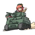  1girl ;d caterpillar_tracks chibi commission crossover eyebrows_visible_through_hair fang ground_vehicle hair_between_eyes hair_ornament hairclip happy helmet highres imperium lamia looking_at_viewer miia_(monster_musume) military military_uniform military_vehicle monster_girl monster_musume_no_iru_nichijou motor_vehicle one_eye_closed open_mouth pointy_ears red_hair scales simple_background smile smoke solo tail tank transparent_background uniform war_thunder yellow_eyes 