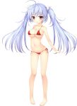  1girl barefoot bikini breasts erect_nipples full_body haruoto_alice_gram highres kanzaki_erisa large_breasts light_blue_hair long_hair mitha navel official_art open_mouth red_bikini red_eyes side-tie_bikini solo swimsuit transparent_background twintails 