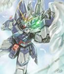  beam_saber commentary_request drawing_sword feathered_wings glowing glowing_eyes green_eyes gundam gundam_wing gundam_wing_endless_waltz mecha no_humans signature sky solo tyuga wing_gundam_zero_custom wings 