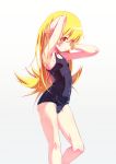  1girl armpits arms_up blonde_hair blue_swimsuit blush_stickers breasts commentary_request covered_navel cowboy_shot eyebrows_visible_through_hair gradient gradient_background hand_in_hair highres long_hair looking_at_viewer monogatari_(series) old_school_swimsuit one-piece_swimsuit oshino_shinobu school_swimsuit shiny shiny_clothes shiny_hair shiny_skin simple_background small_breasts solo swimsuit tanabe_kyou wet white_background yellow_eyes 