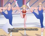  1girl 2boys aerobics artoria_pendragon_(all) artoria_pendragon_(lancer) blonde_hair crystal_light_national_aerobic_championship english_text fate/grand_order fate_(series) gawain_(fate/extra) green_eyes highleg kyou_(ningiou) lancelot_(fate/grand_order) meme multiple_boys outstretched_arms purple_hair sidelocks twitter_username unitard wooden_floor 