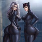  2girls ass batman_(series) black_cat_(marvel) black_hair blue_eyes bodysuit breasts catwoman dc_comics domino_mask flowerxl from_behind gloves hand_on_hip huge_ass large_breasts long_hair looking_at_viewer looking_back marvel mask multiple_girls shiny shiny_clothes shiny_hair short_hair sideboob skin_tight smile spider-man_(series) white_hair 