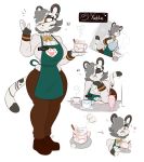  2019 amber_eyes anthro apron beverage clothed clothing cup ear_piercing felid feline female fully_clothed grey_hair hair hair_over_eye hi_res holding_object kilinah leopardus mammal multiple_images ocelot piercing short_hair simple_background solo uniform white_background yvette_(kilinah) 