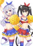  2girls :d ;o animal_ears arm_up bangs black_hair blue_bow blue_eyes blue_legwear blue_ribbon blue_skirt bow breasts cat_ears cat_tail cheerleader cleavage clothes_writing collarbone crop_top dog_ears english_text frilled_skirt frills green_eyes grey_hair hair_ribbon hairband half_updo hand_on_hip highres kuu-chan_(sakurai_makoto_(custom_size)) long_hair medium_breasts midriff miniskirt mismatched_legwear multiple_girls navel one_eye_closed open_mouth original pleated_skirt pom_pom_(clothes) red_bow red_ribbon red_skirt ribbon sakurai_makoto_(custom_size) shii-chan_(sakurai_makoto_(custom_size)) sidelocks simple_background skirt small_breasts smile standing standing_on_one_leg sweatband tail thighhighs twintails twitter_username very_long_hair white_background white_legwear wristband 