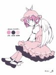  1girl animal_ears bangs bow dated dress flat_color from_side full_body hat long_sleeves looking_at_viewer mob_cap mystia_lorelei pink_hair puffy_sleeves rangycrow reiwa short_hair signature sitting sketch solo touhou vest winged_hat wings 