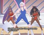  1boy 2girls aerobics animal_ears black_hair blue_eyes braid crystal_light_national_aerobic_championship dancing dark_skin english_text fate/grand_order fate_(series) kyou_(ningiou) lavender_hair leotard long_hair meme merlin_(fate) multiple_girls nitocris_(fate/grand_order) open_mouth pantyhose parody purple_hair queen_of_sheba_(fate/grand_order) shoes single_braid sneakers sports_bra twitter_username very_long_hair white_footwear white_legwear wooden_floor 