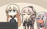  3girls bismarck_(kantai_collection) black_jacket black_ribbon blonde_hair blue_eyes breastplate commentary_request crop_top dated eyes_closed flower grey_sailor_collar hair_flaps hair_flower hair_ornament hair_ribbon hamu_koutarou highres jacket kantai_collection long_hair military military_uniform multiple_girls neck_ribbon one-piece_tan pink_hair ponytail red_ribbon remodel_(kantai_collection) ribbon ro-500_(kantai_collection) sailor_collar school_uniform serafuku sleeveless tan tanline television uniform very_long_hair yura_(kantai_collection) 