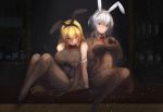  2girls absurdres animal_ears armband azur_lane bangs black_gloves black_leotard blonde_hair blue_eyes blush breasts bunny_ears bunnysuit cleavage covered_navel detached_collar eyebrows_visible_through_hair fake_animal_ears gloves hair_between_eyes hairband highres jewelry large_breasts leotard long_hair looking_at_viewer multiple_girls north_carolina_(azur_lane) pantyhose short_hair silver_hair sitting smile suspenders washington_(azur_lane) yusha_(m-gata) 