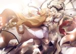  2girls armor armored_dress blonde_hair blue_eyes chains dress fate/grand_order fate_(series) faulds hand_holding headpiece highres jeanne_d&#039;arc_(fate) jeanne_d&#039;arc_(fate)_(all) long_hair marie_antoinette_(fate/grand_order) multiple_girls no-kan open_mouth plackart silver_hair sleeveless sleeveless_dress thighhighs twintails very_long_hair white_dress white_headwear 
